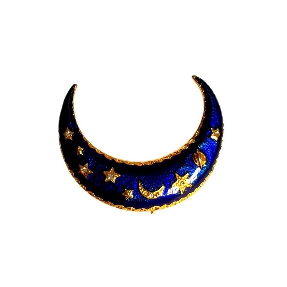 Vintage Pin Brooch Gold Toned Crescent Moon Design With Stars Black Enamel
